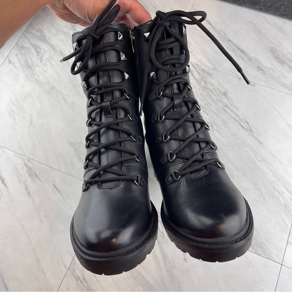 •Marc Fisher Women’s 9.5 black leather laboni combat 3” heel boots - Picture 4 of 15